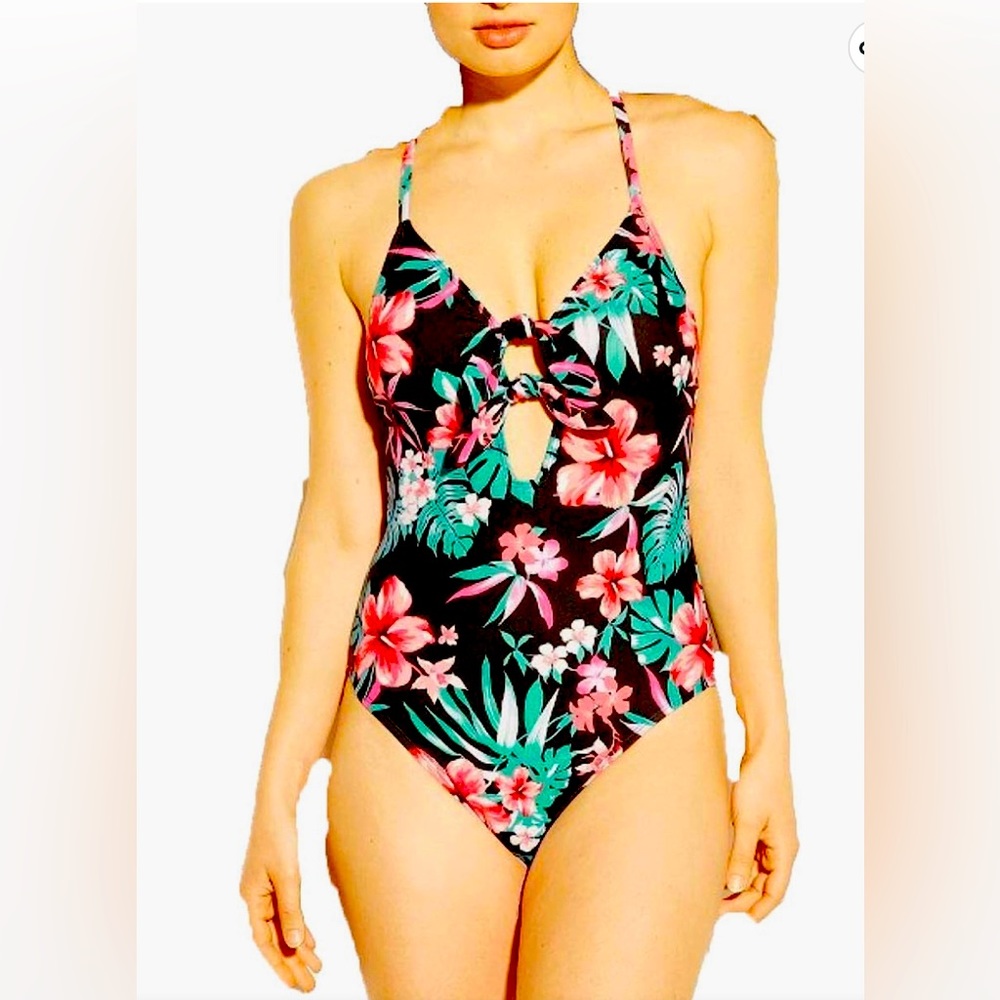 NWOT Shade & Shore Tie Front Scoop Back One Piece Swimsuit Floral Black Size Sm